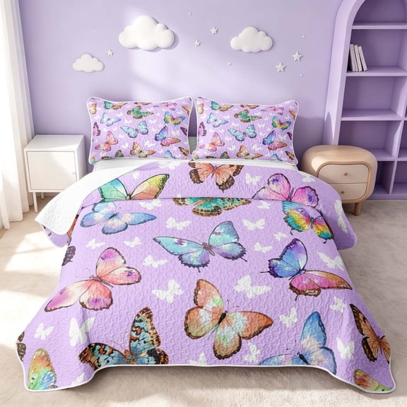 Erosebridal Cartoon Butterfly Twin Quilt Set, Chic Wildlife Twin Coverlet Set, Stars Reversible, Lavender Multicolor, 2-Piece (1 Bedspread and 1 Pillowcase)