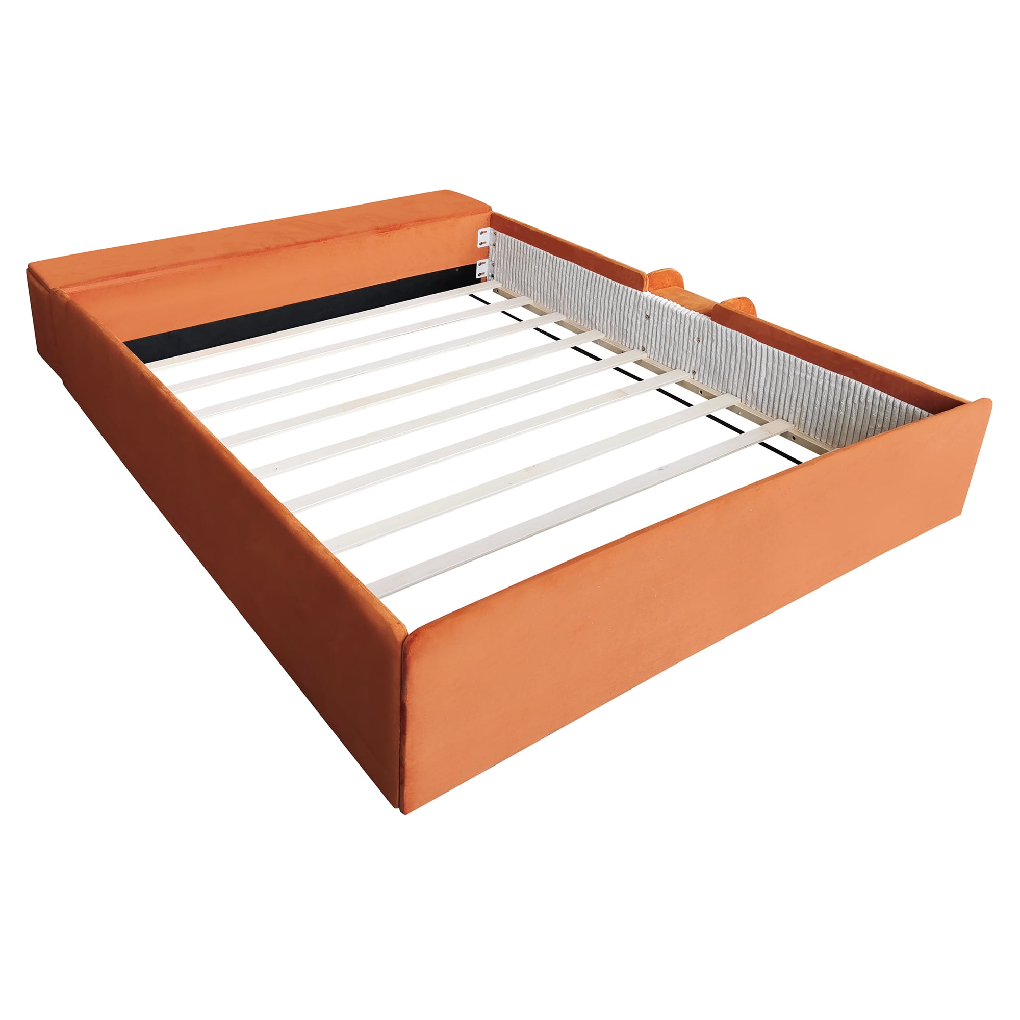 Leumius Queen Size Floor Bed Frame with Stairs & Gas Lift Storage Ottoman, Velvet Upholstered Daybed with Padded Guardrails, Brown+White
