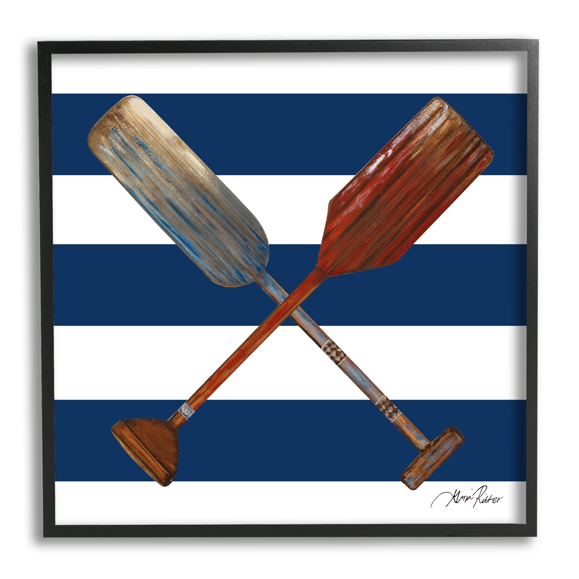 Stupell Industries Nautical Crossed Oars Wide Blue Band Striped Pattern,12 x 12, Design by Gina Ritter