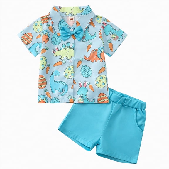 UngA Toddler Baby Boy Easter Outfit Short Sleeve Bunny Print Bow Tie Button Down Shirt Top Shorts Infant Baby Boy Summer Clothes 2Pcs Set (Sky Blue,3-4 Years)