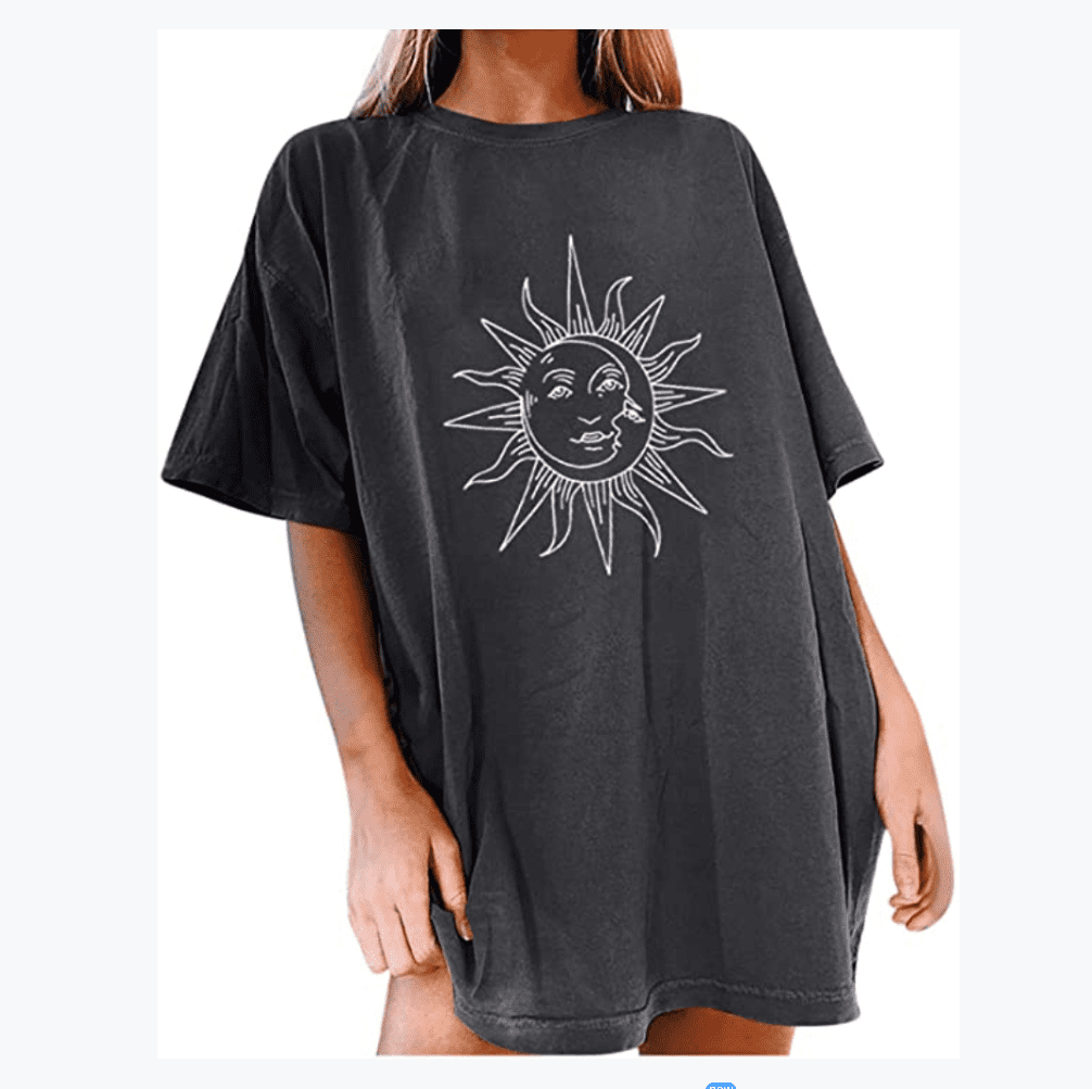 Pullover Tops for Women Vintage Sun and Moon Printed Shirts Short Sleeve Tees Loose Crewneck T-Shirt