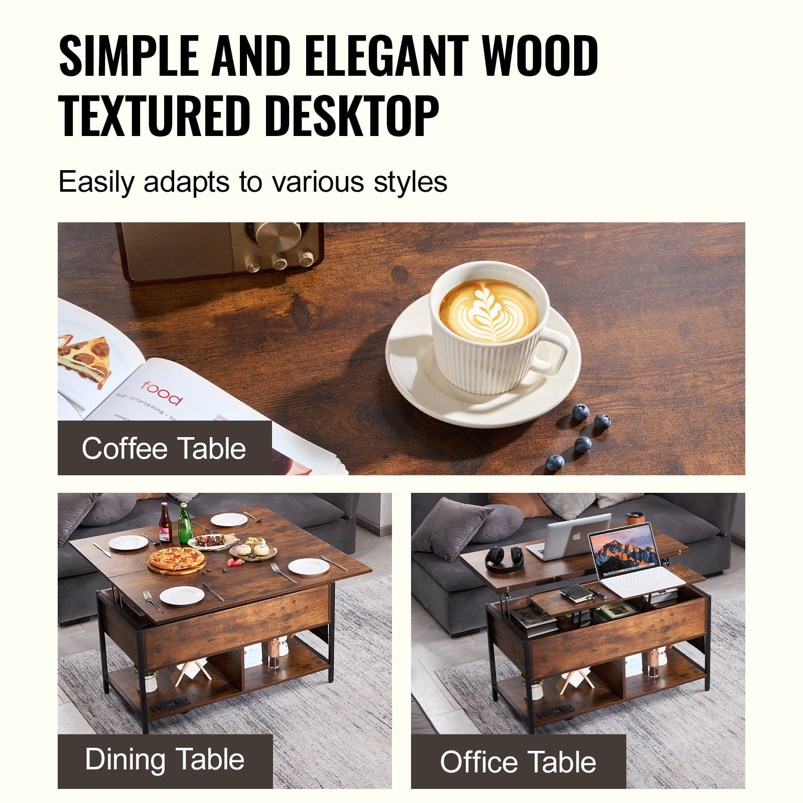 KFFKFF Coffee Table with Lift Top, 39.4 in Rectangular Design, Includes Additional Storage Compartments, Features Flip Top, Power Outlets, USB Ports & Soft Glow Lights, Ideal for Living Spaces
