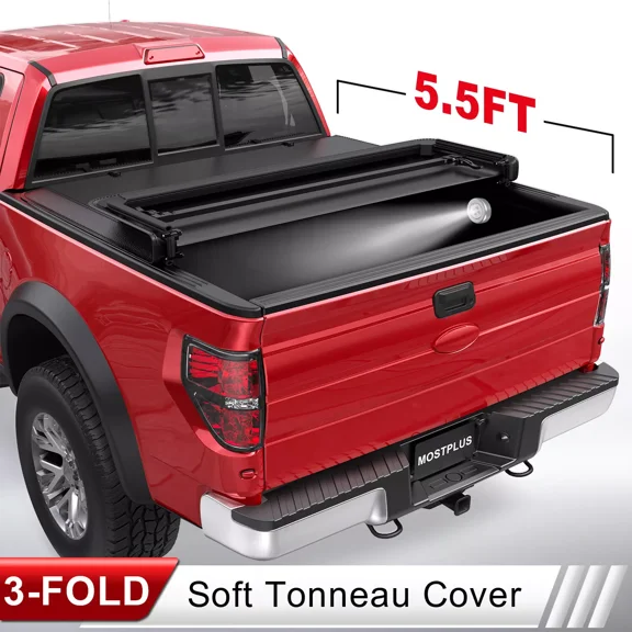 MOSTPLUS 5.5FT Tri-Fold Soft Truck Bed Tonneau Cover w/LED for 2015-2026 Ford F150 On Top