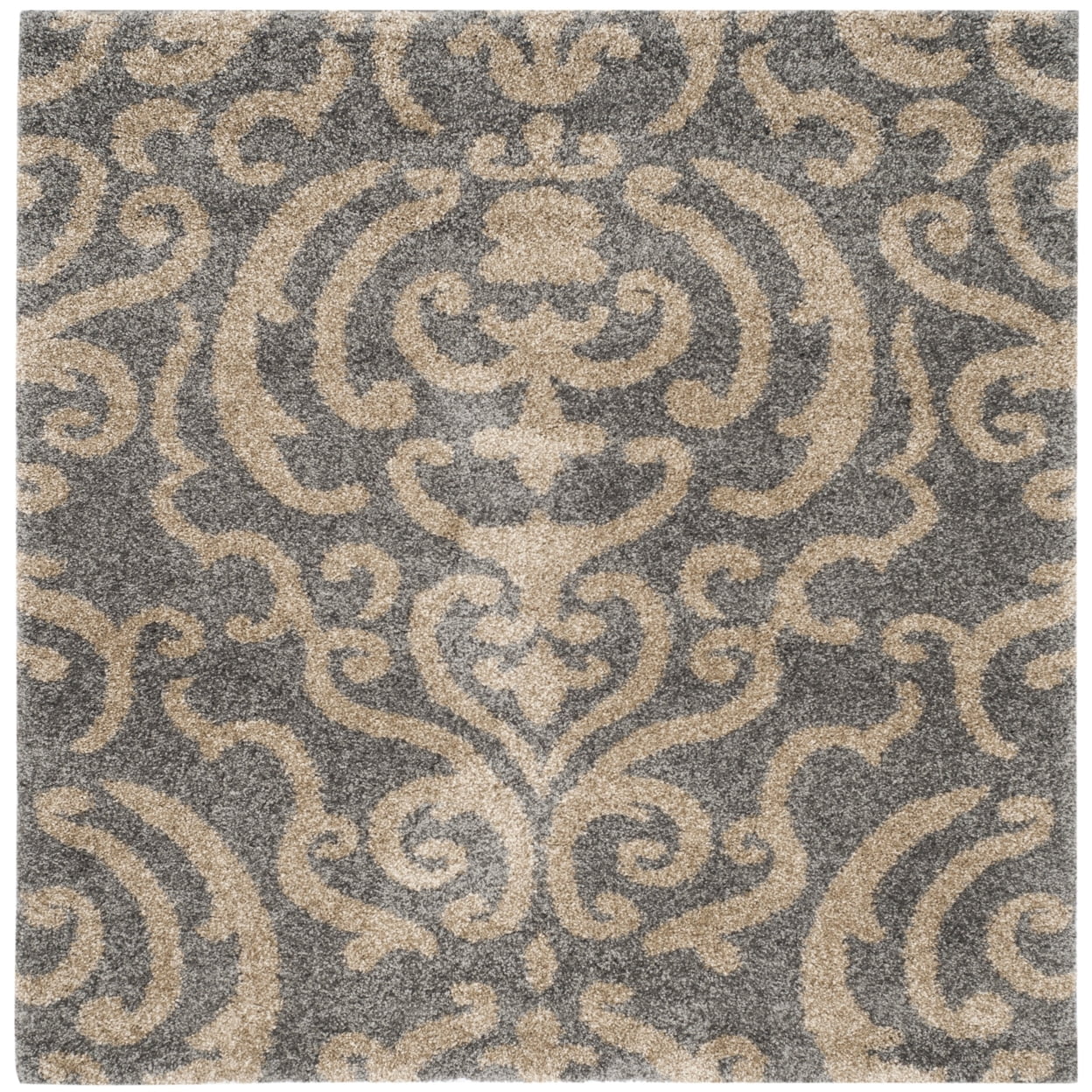 SAFAVIEH Florida Deangelo Damask Plush Shag Area Rug, Grey/Beige, 4' x 6'