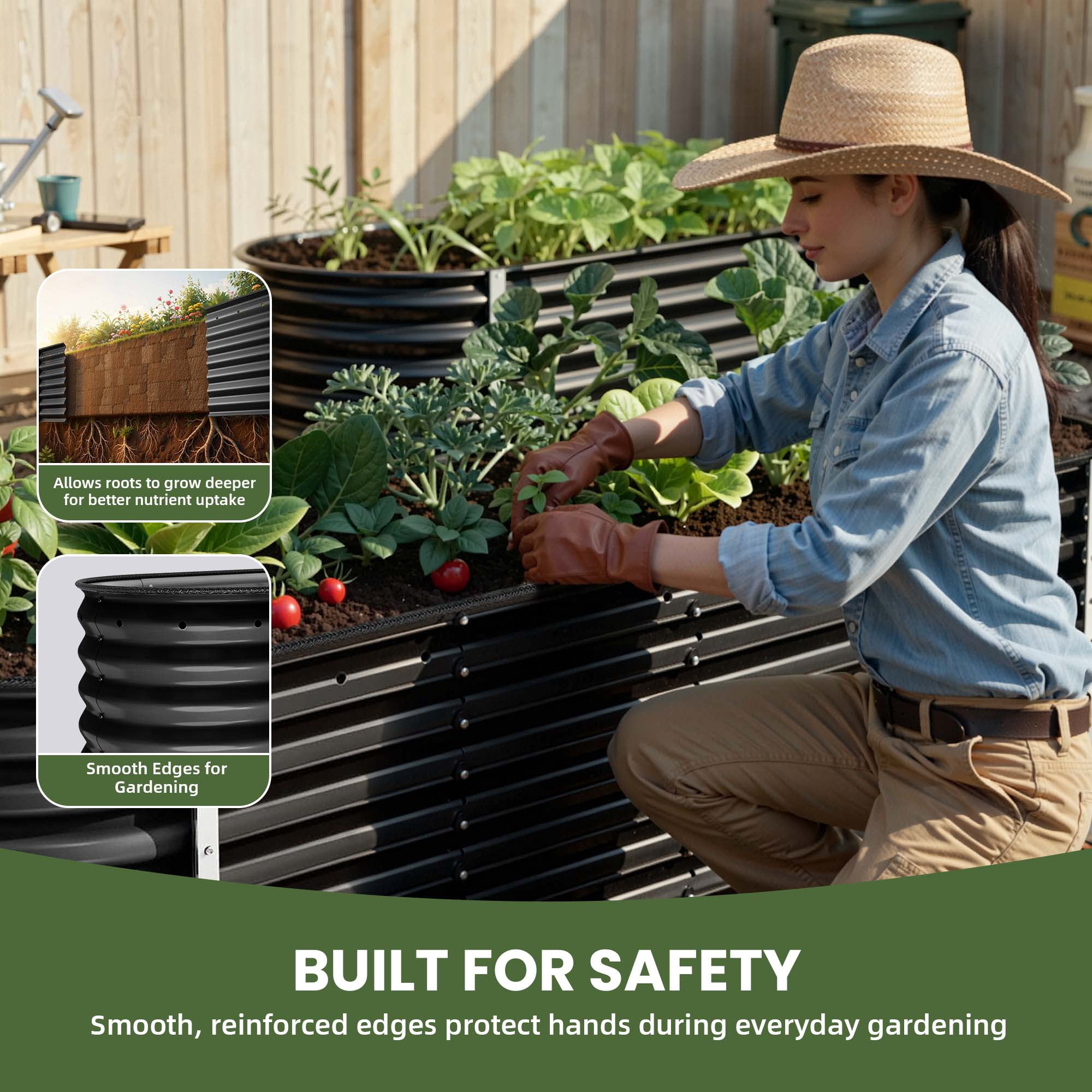 Uforic 8 ftx2ft Large Outdoor Raised Garden Bed Kit,9 in 1 Galvanized Metal Patio Planter Box with Safety Rubber & Gloves, for Vegetables Flowers,Black