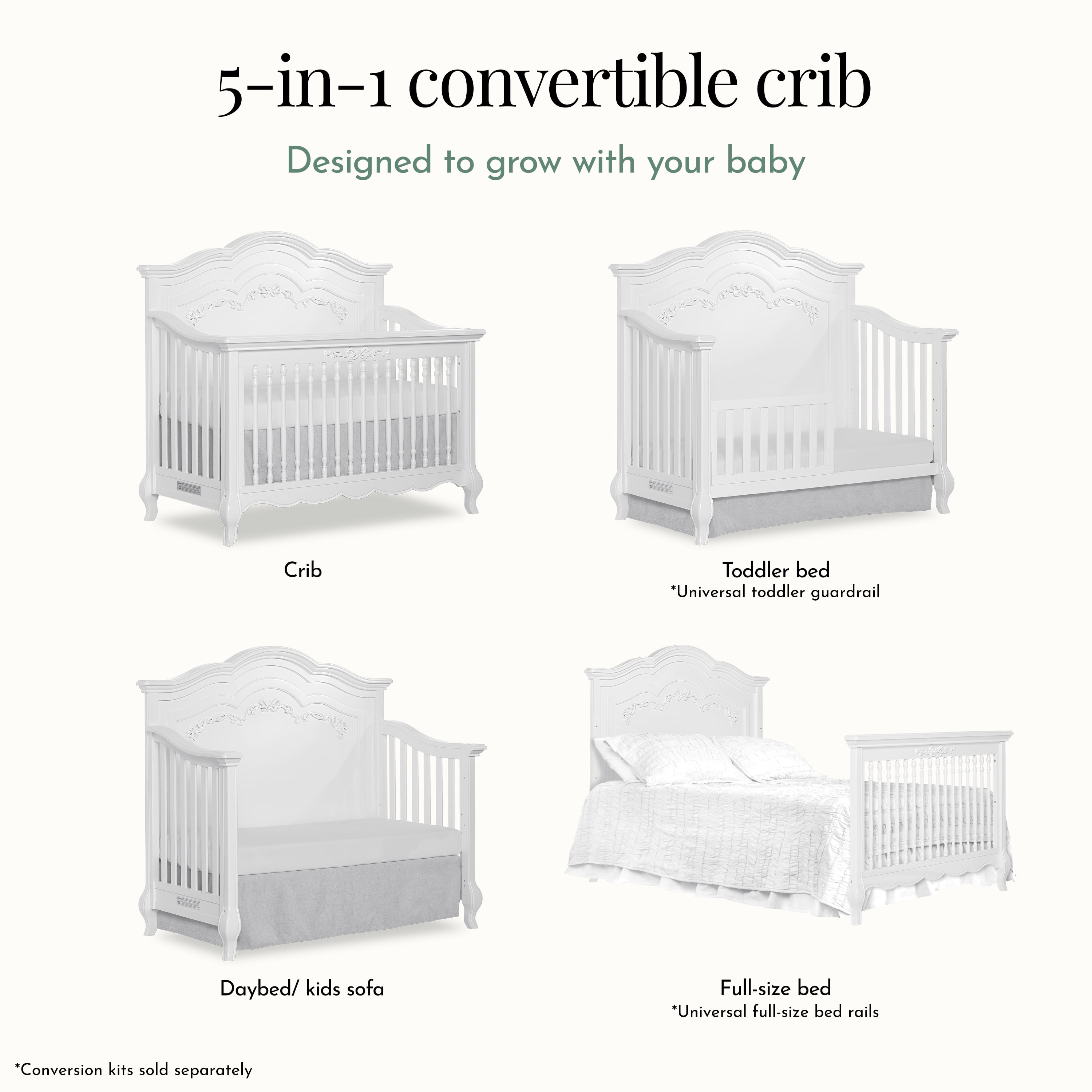 Evolur Aurora 5-In-1 Convertible Crib In Frost , Greenguard Gold Certified, Features 3 Mattress Height Settings, Sturdy And Spacious Baby Crib, Wooden Furniture