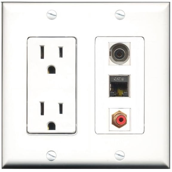 RiteAV - 15 Amp Power Outlet 1 Port RCA Red 1 Port Shielded Cat6 Ethernet Ethernet 1 Port 3.5mm Decorative Wall Plate