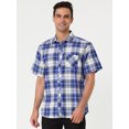 thumbnail image 3 of Camisa de vestir para hombre Camisas de cuadros a cuadros con botones de manga corta de algodón de Azul real L Unique Bargains Camisa, 3 of 6