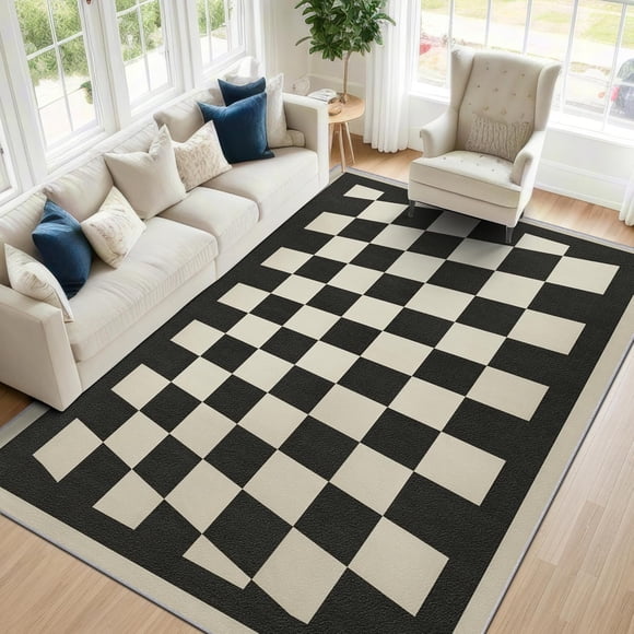 Modern Checkered Area Rugs, Black White Grid Pattern Carpet, Washable Non Slip Low Pile Soft Rug for Living Room Bedroom Decor Mat 4x6ft