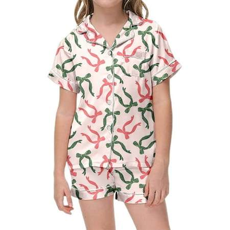 Hienoo Little Girls Pajama Set Bow Prints Short Sleeve Button-Down Shirt Shorts Homewear