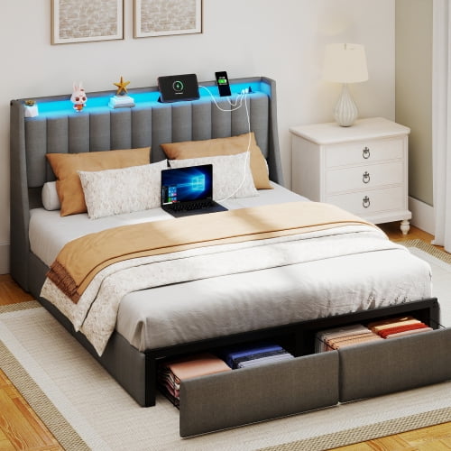 Queen Size Modern Metal Platform Bed Frame with RGB LED Lights and Charging Station, Upholstered Storage Headboard with 2 Drawers, No Box Spring Needed, Grey