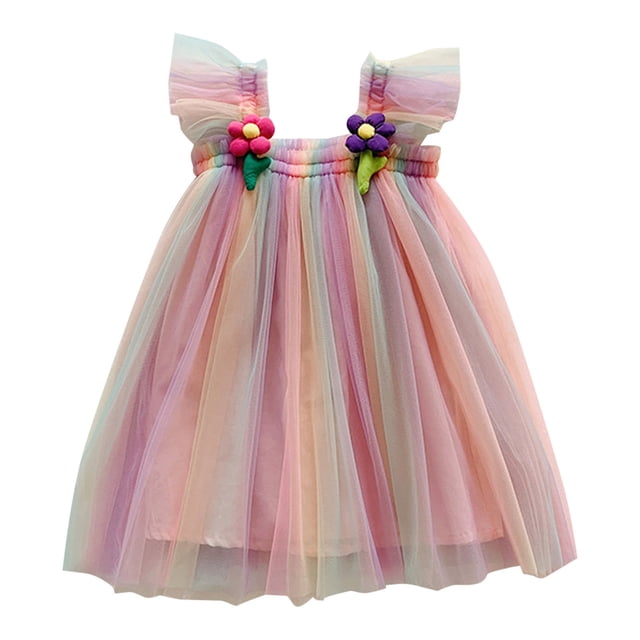 MEZZALL Robe de Fête Florale à Manches Volantes pour Filles, Robe de Danse, Robe d'Été Classique, Rose, 1-2 Ans