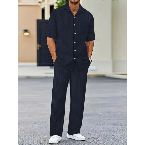 Mens Two Piece Shirt & Trousers Set Short Sleeve Crinkle Elasticated Smart Top & Bottom Summer Beach Outfits Navy M