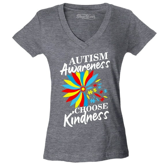 Shop4Ever Women's Autism Awareness Flower Choose Kindness Slim Fit V-Neck T-Shirt XX-Large Heather Charcoal