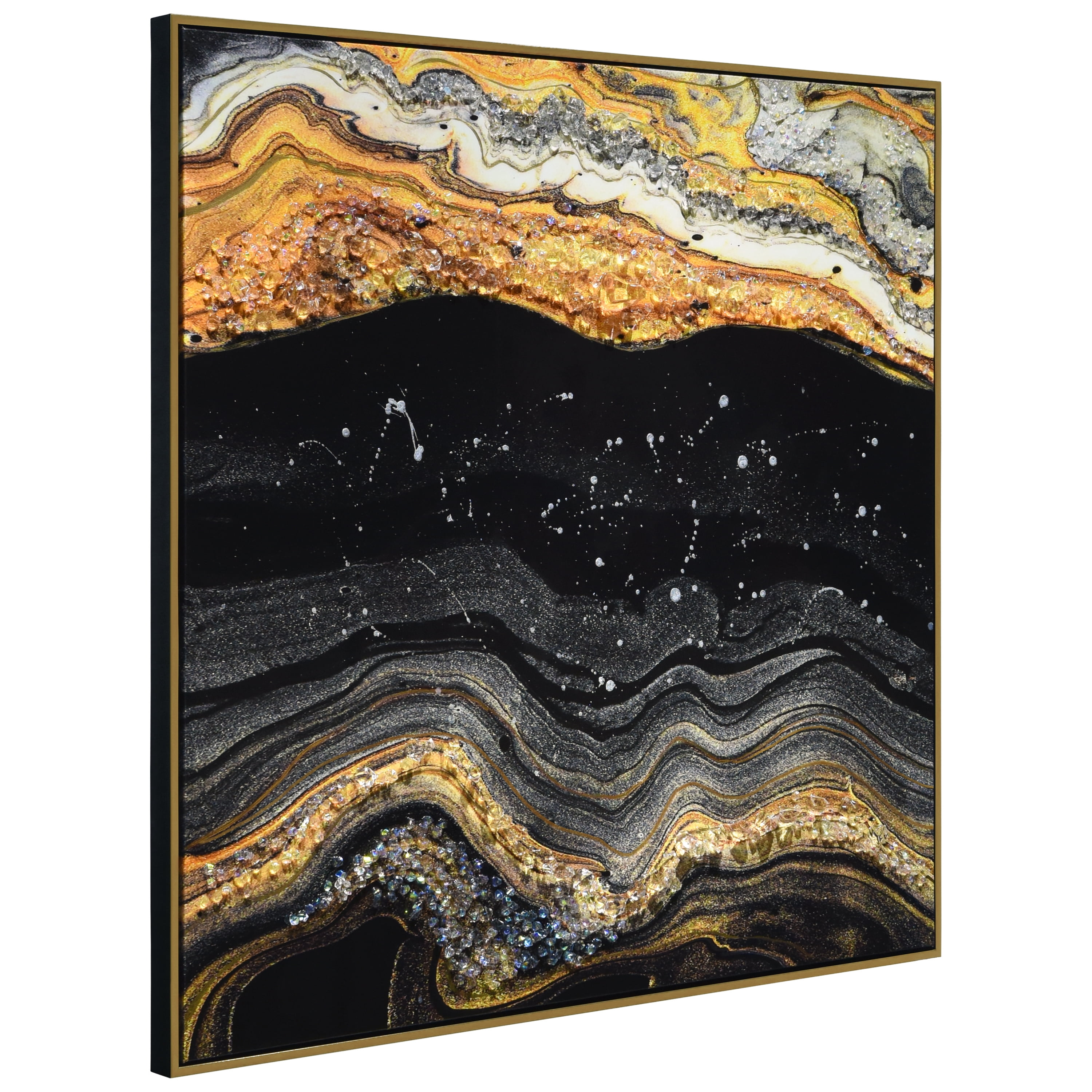 "Golden Earth I" Crystallus Epoxy Coated Wrapped Framed Glossy Abstract Canvas Wall Art with Heavy Acrylic Crystal Shards Embellishments
