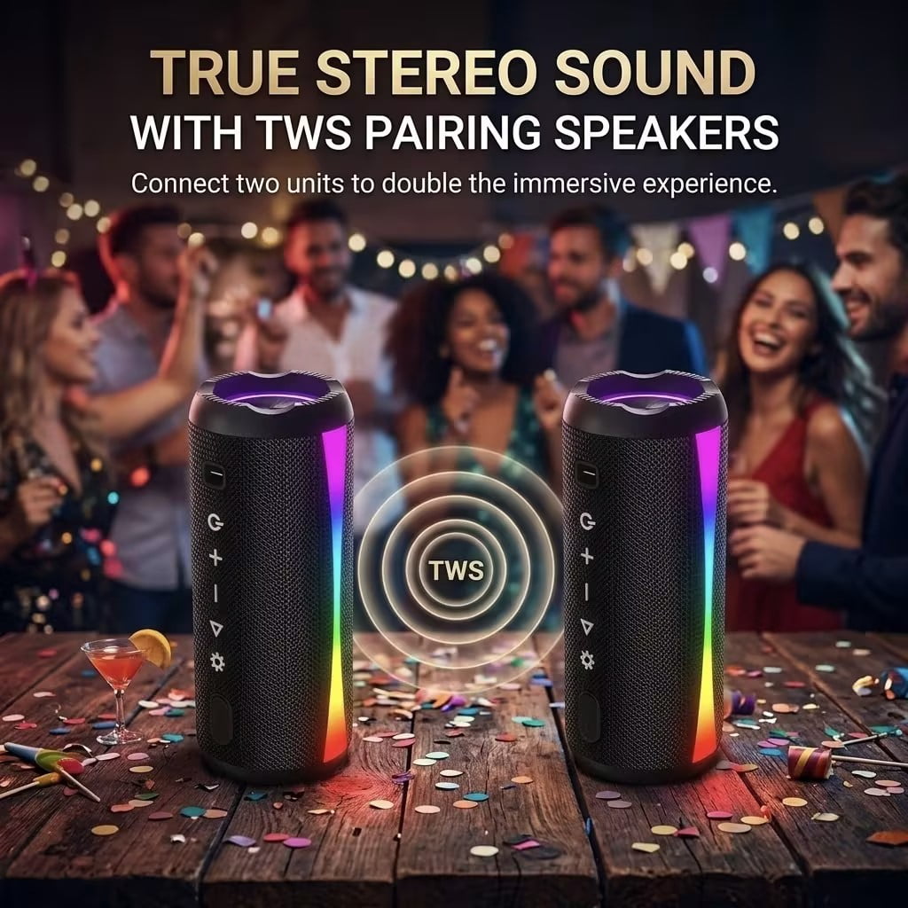 Portable Bluetooth Speaker, Bluetooth 5.4 Wireless Speaker, IPX7 Waterproof, 30W Loud Deep Bass with 20H Palytime, 7 Color RGB Lights, TWS Pairing for Home/Party/Outdoor, Gift
