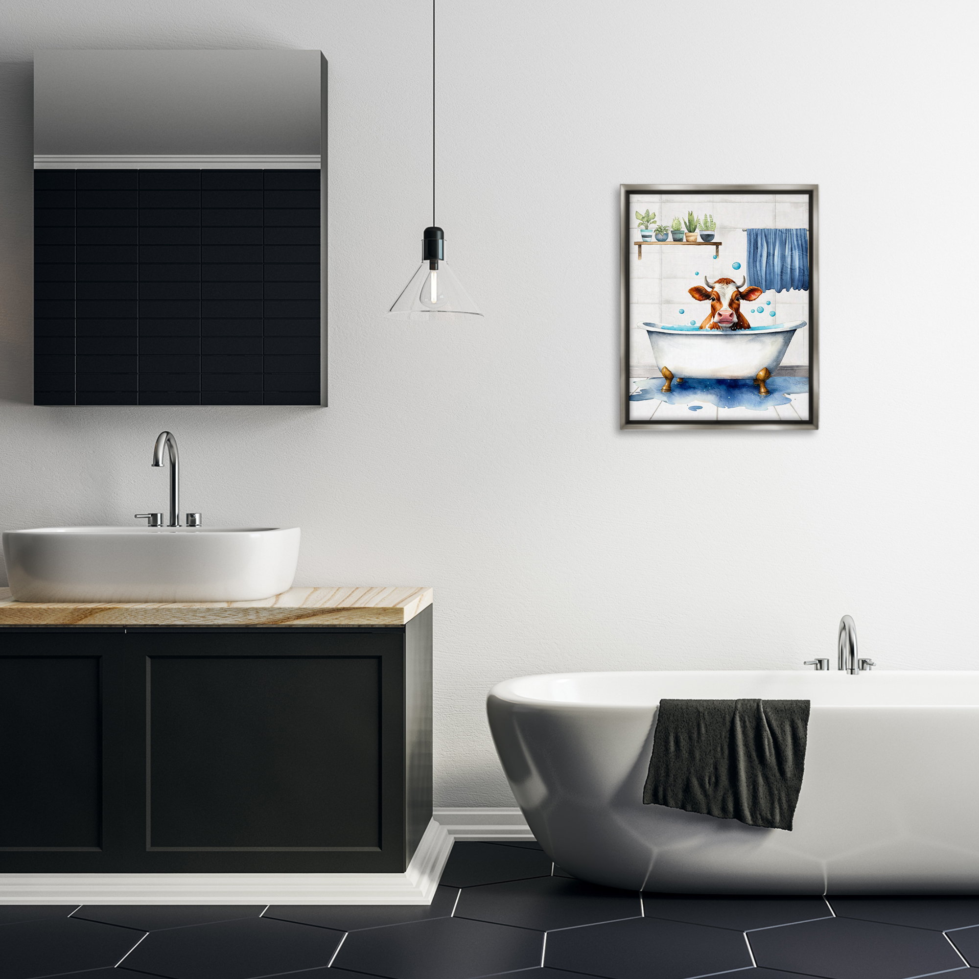 Stupell Industries Cattle Bathtime Suds Bath & Laundry Painting Gray Floater Framed Canvas Art Print Wall Art, 17 x 21