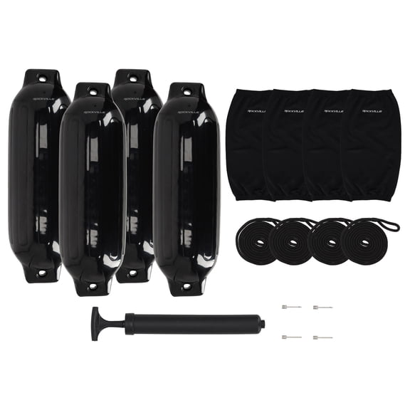 Rockville FEN485-BLACK Boat Fender Package, 4 Bumpers 8.5in x 27in, 4 Covers, 4 Lines, 1 Pump