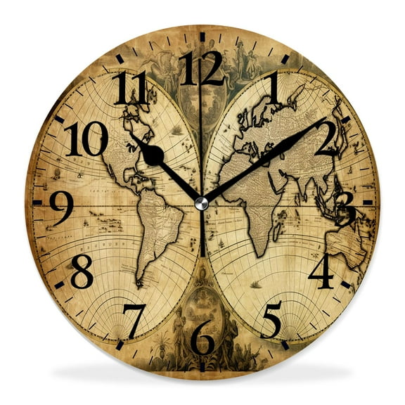 10 Inch Wall Clock Battery Operated Silent Clock Decorative for Office, Kitchen, Outdoor, Living RoomRetro World Map