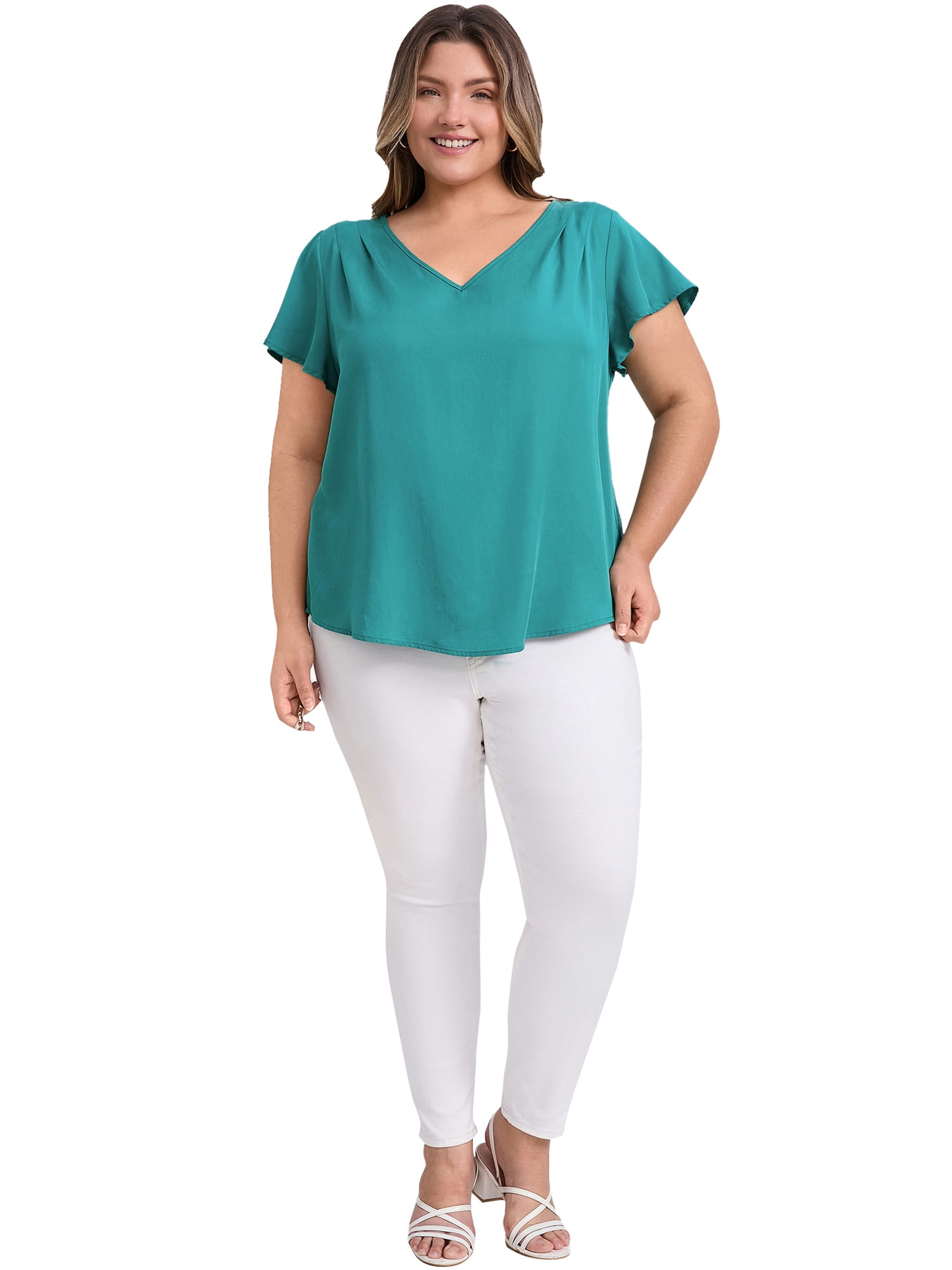 DARING DIVA Women's Plus V Neck Ruffle Sleeve Blouse 4X Lake Blue