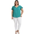 thumbnail image 2 of GRACE & GRANDEUR Women's Plus Size Tops Shoulder Pleated V Neck Ruffle Short Sleeve Dressy Casual Blouses 2X Lake Blue, 2 of 5