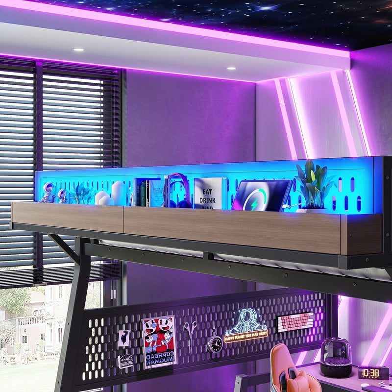 Queen Size Teens Loft Bed with Storage Stairs & Wardrobe, Metal Gaming Bed Frame with Pegboard, LED Lights & Power Outlet