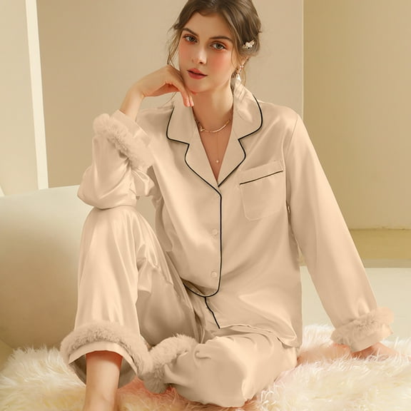 Women's Imitation Silk Pajama Set with Long Sleeve Two-Piece Design for Elegant Home Wear