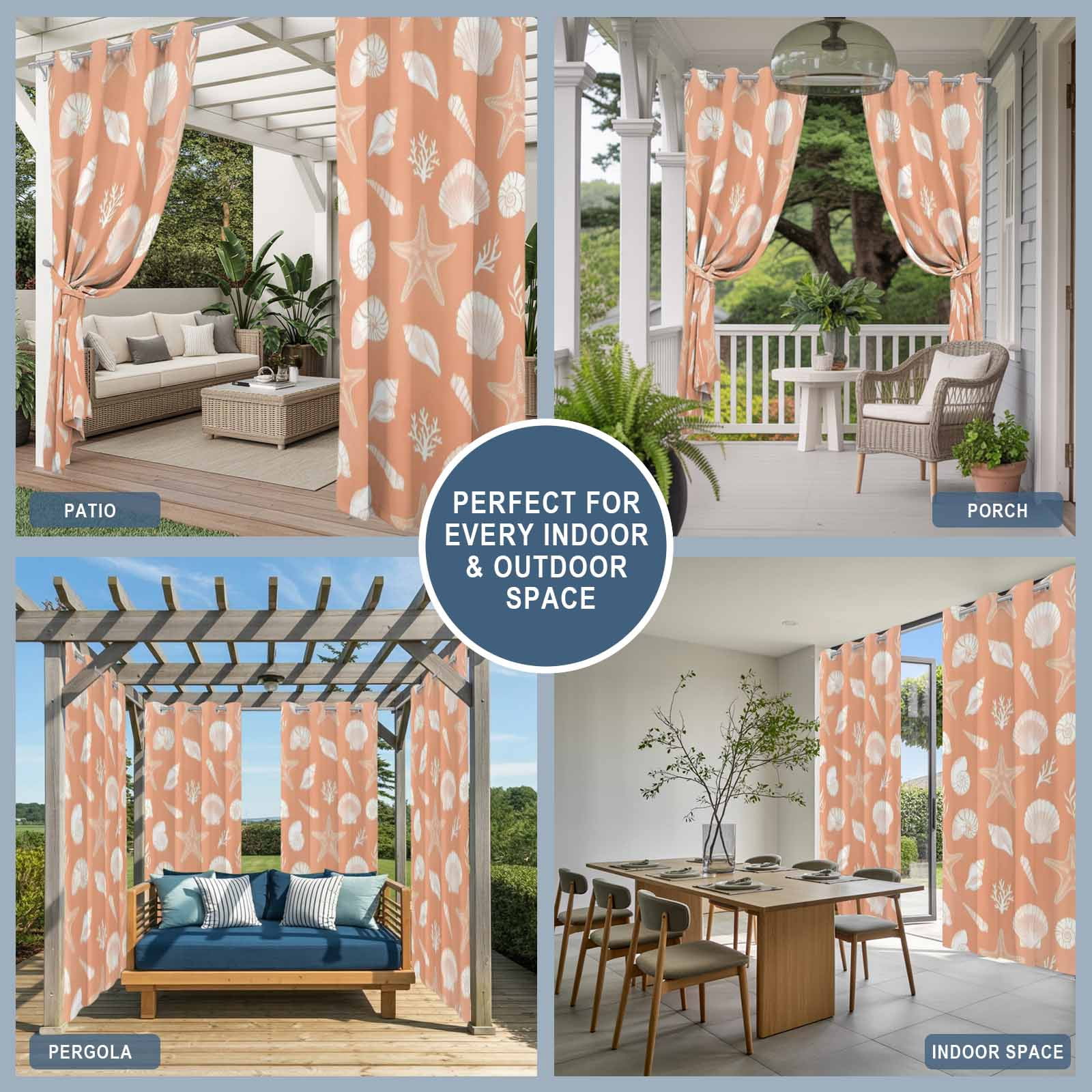 Marine Life Outdoor Curtains for Patio, White Starfish Shell Conch Coral Gradient Orange Sunshade Privacy Drapes Grommet Waterproof Outside Curtains for Porch/Cabana/Balcony 54"x 108", 1 Panel