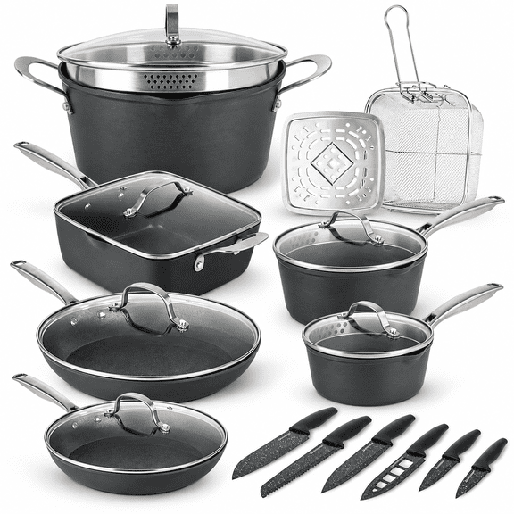 Granitestone Armor Max 20 Pc Pots and Pans Set Non Stick, Hard Anodized Induction Cookware Set with Knife Set and Deep Fryer Basket, Oven & Dishwasher Safe, Black