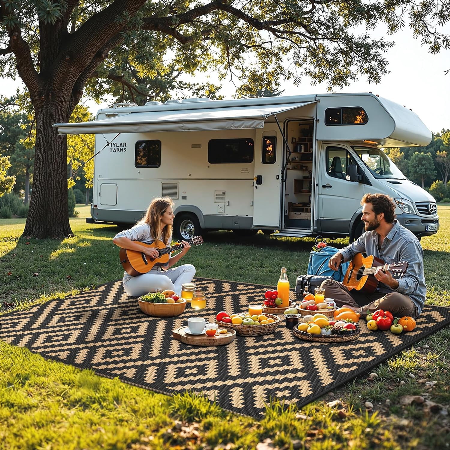 Outdoor Rug for Patio - Waterproof Plastic Straw Camping Rugs 4x6 ft, Reversible Outdoor Indoor RV Mat Carpet for Patio, Porch, Deck, Balcony, Picnic, Beach, Black Brown