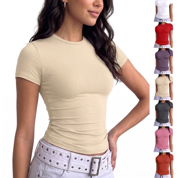Women's Tight Short Sleeve T Shirts Crew Neck Basic Fitted Tees Solid Compression Blouses Y2K Athletic Clothes
