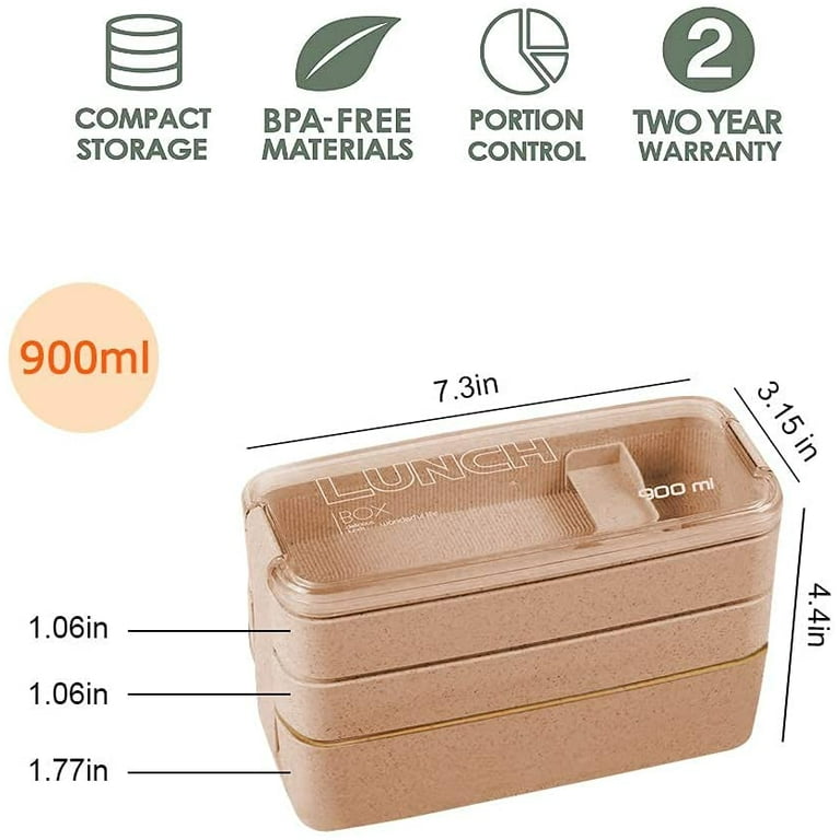 Bento Box Lunch Box, 3-In-1 Compartment Containers - Wheat Straw