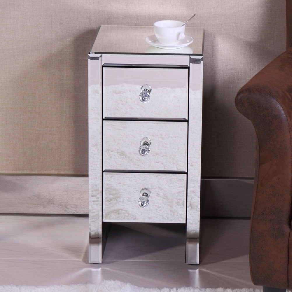Kadyn Mirrored End Table for Bedroom , Small Mirror Accent Silver Table End Table with 3-drawers, Bedside Furniture for Bedroom Living Room