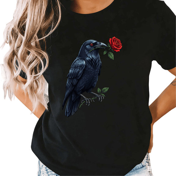 Black Streetwear Gothic Academia Print Tshirt Graphic Tees Shirts Crow Rose Modern Wear S-5XL Mystical Tops