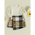 thumbnail image 3 of Biekopu Toddler Girl Fall 2Pcs Outfit T Solid Color Ribbed Long Puff Sleeve Tops with Plaid Print Button Decor Skirt Set, 3 of 9