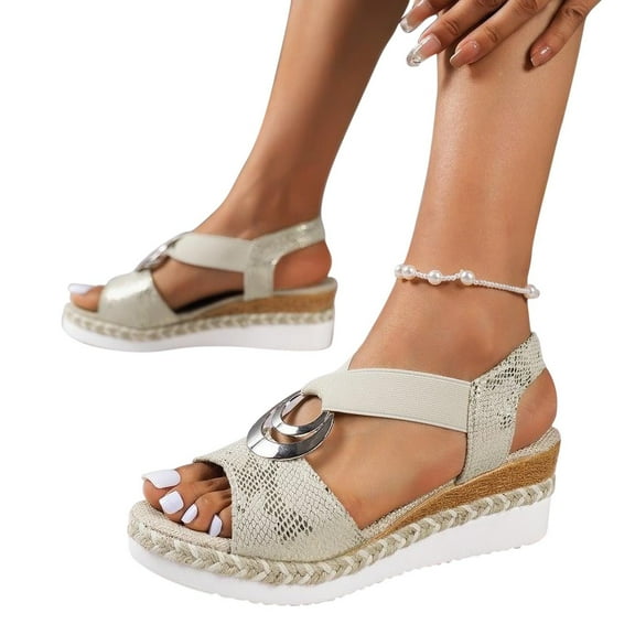 WIZUTIZ Wedge Sandals for Women Sandals Women Comfort Soft Stretchy Beach Sandals Pull-On Round Toe Shoes Flat Heel (O"-1) Medium Solid Sandals for Older Women Weekend Deals Gold