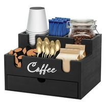 Tzdxfgl Coffee Station Organizer for Countertop, Wood Coffee Bar Organizer, Pods Holder with Drawer, 6 Compartment, Black