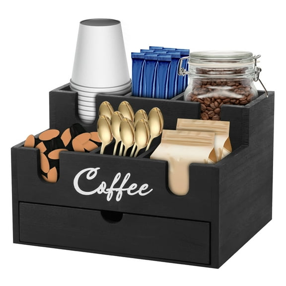 Tzdxfgl Coffee Station Organizer for Countertop, Wood Coffee Bar Organizer, Pods Holder with Drawer, 6 Compartment, Black
