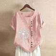 thumbnail image 2 of Outfmvch T Shirts for Women Linen Shirts for Women Floral Print Short Sleeve O-Neck Plus Size T-Shirt Top Blouse Summer Tops for Women 2023 Trendy Pink S, 2 of 4