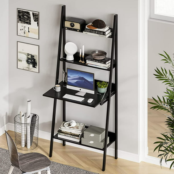 4 Tiers Ladder Shelf Bookcase With Drop, Multi Tier Bookcase With Fold Down Desktop Computer