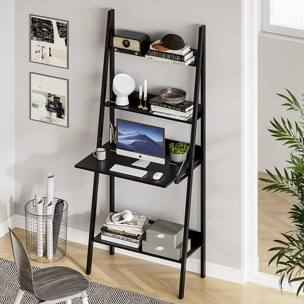 4 Tiers Ladder Shelf Bookcase With Drop Down Desk Storage Stand For Home Decor Black Com 4 Tiers Ladder Shelf Bookcase With Drop, Ladder Shelf Storage Desk
