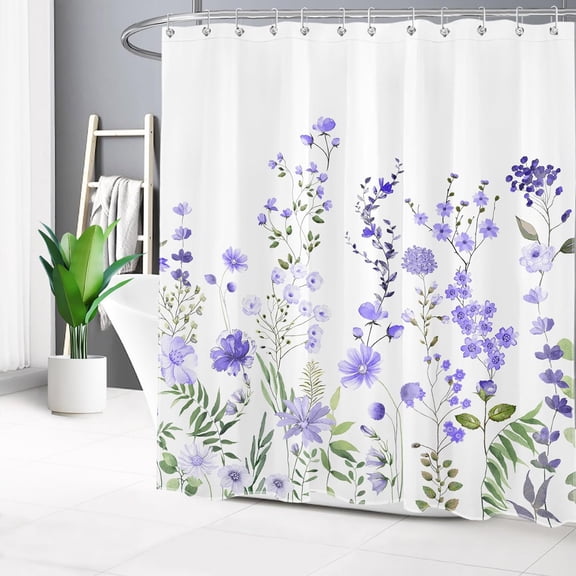 Floral Plant Shower Curtain for Bathroom,Purple Flower with Green Leaf Botanical Shower Curtain with Hooks,Country Wildflower on White Shower Curtain Set Bathroom Decorations,84L X 72W inches