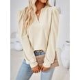 thumbnail image 2 of Gustave Women's Puff Long Sleeve Tops Fall Casual Dressy V Neck T-Shirts Loose Tunic Blouse Pleated Solid Work Pullover Shirts "Beige, M", 2 of 11
