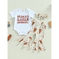 thumbnail image 2 of Newborn Baby Girls Western Outfit Short Sleeves Sweatshirt Romper Top Flare Pants Headband 3Pcs Summer Cowgirl Clothes Set, 2 of 7
