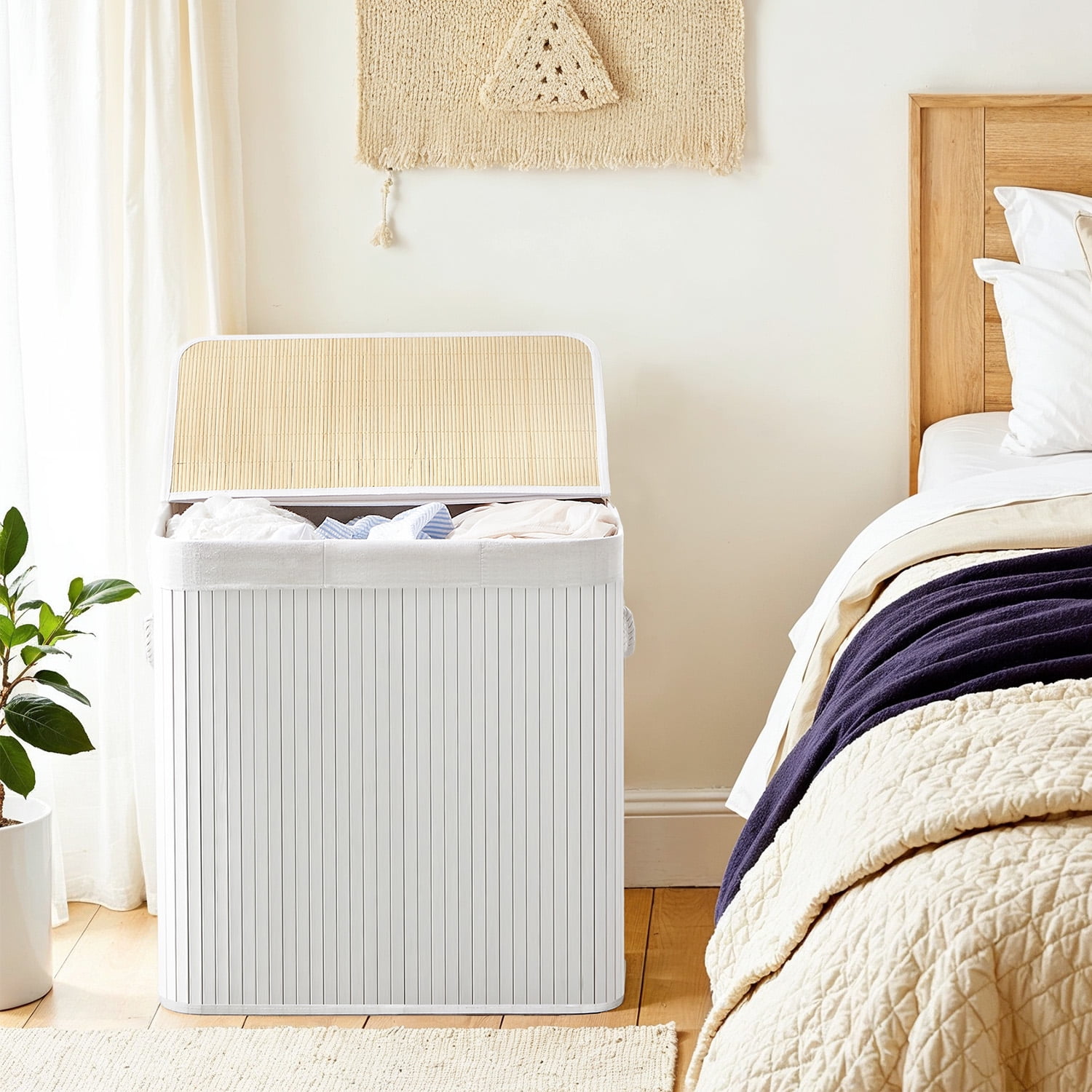 LEDREM Laundry Hamper 3-Section, 39.6 Gallons Bamboo Laundry Basket with Lid, Foldable Removable Washable Liner,White