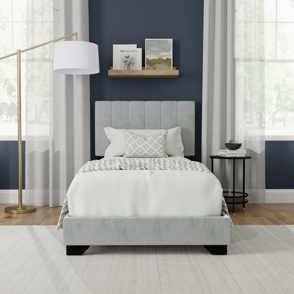 Reece Channel Stitched Upholstered Twin Bed, Platinum, by Hillsdale Living Essentials