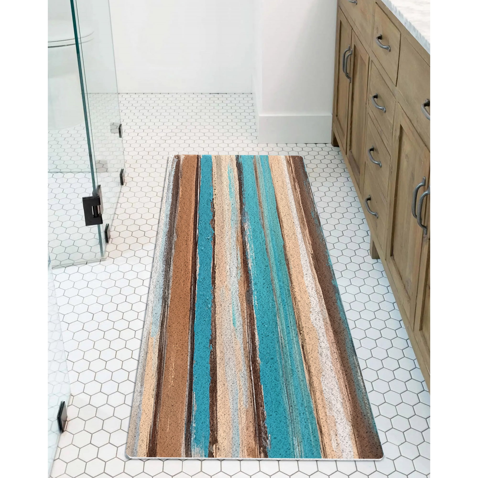 Brown Turquoise Board Non-Slip Bathtub Mat, Abstract Wood Grain Vintage PVC Bath Mat for Tub Quick Drying Shower Mats for Inside Shower, Foot Scrubber Loofah Bathroom Mats 40x16 Inches