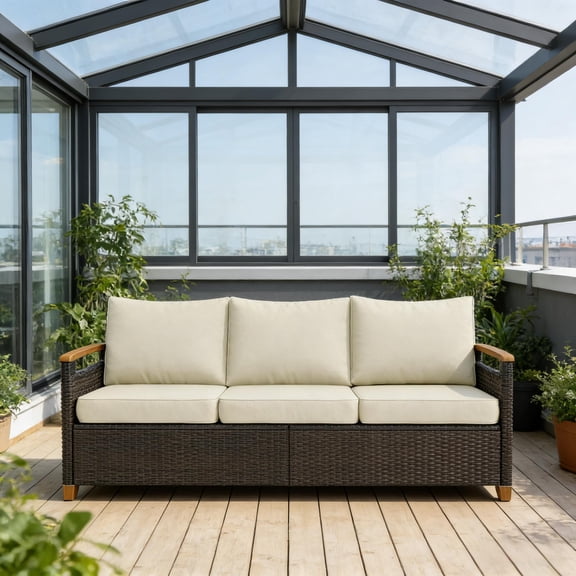 PUKNLY 3-Seater Wicker Outdoor Sofa with Thick Cushions, Deep Seat Patio Couch with Removable Washable Covers, Weather-Resistant, Steel Frame, for Garden, Backyard, Balcony, Living Room,Beige,Beige