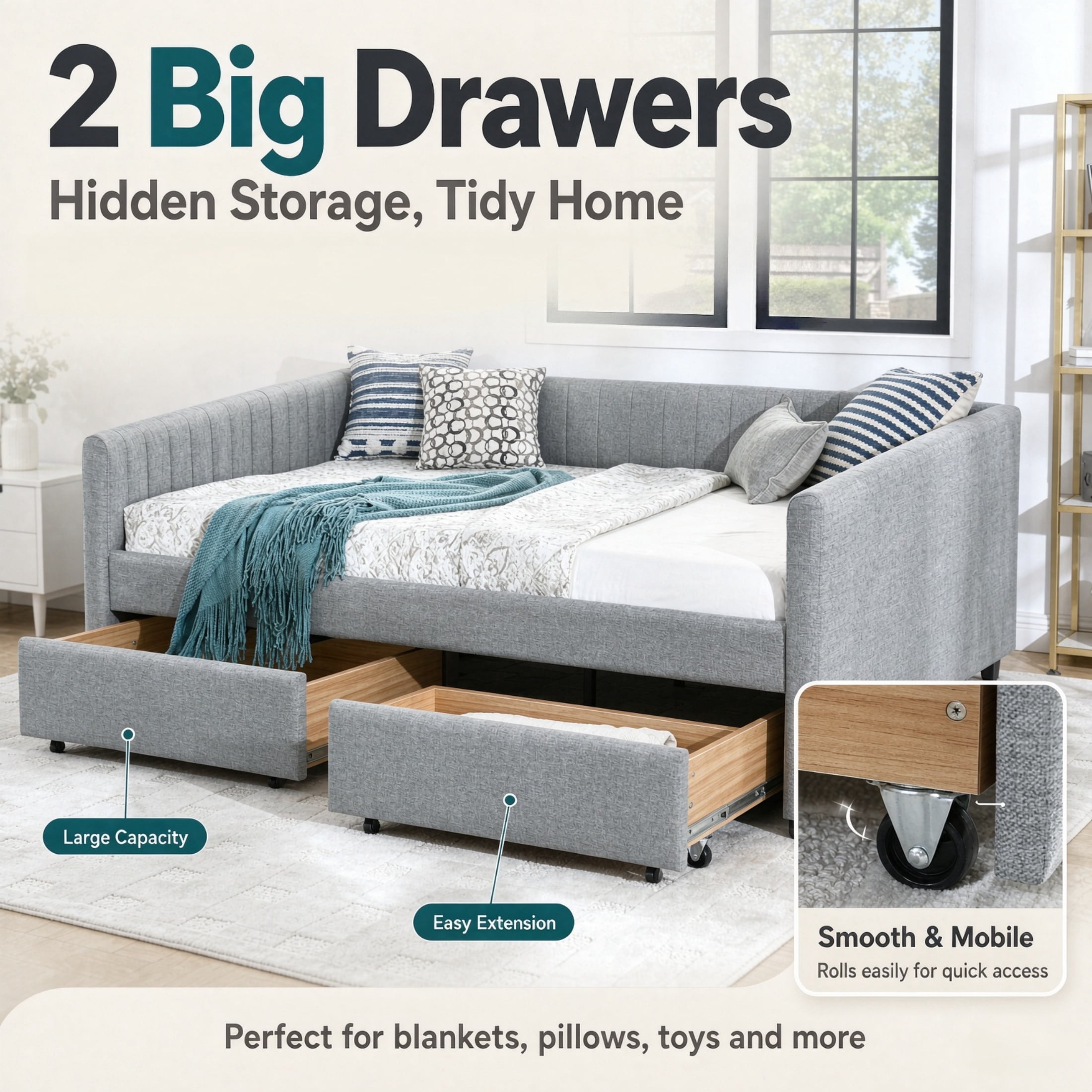 Queen Size Linen Storage Daybed with Trundle & Drawers, Upholstered Sofa Platform Bed Frame with Vertical Stripes Backrest