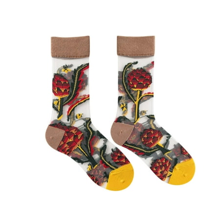 

wendunide Women Adult Teenager Summer Ultra Thin Flowers Trend Retro Lovely Socks Yellow